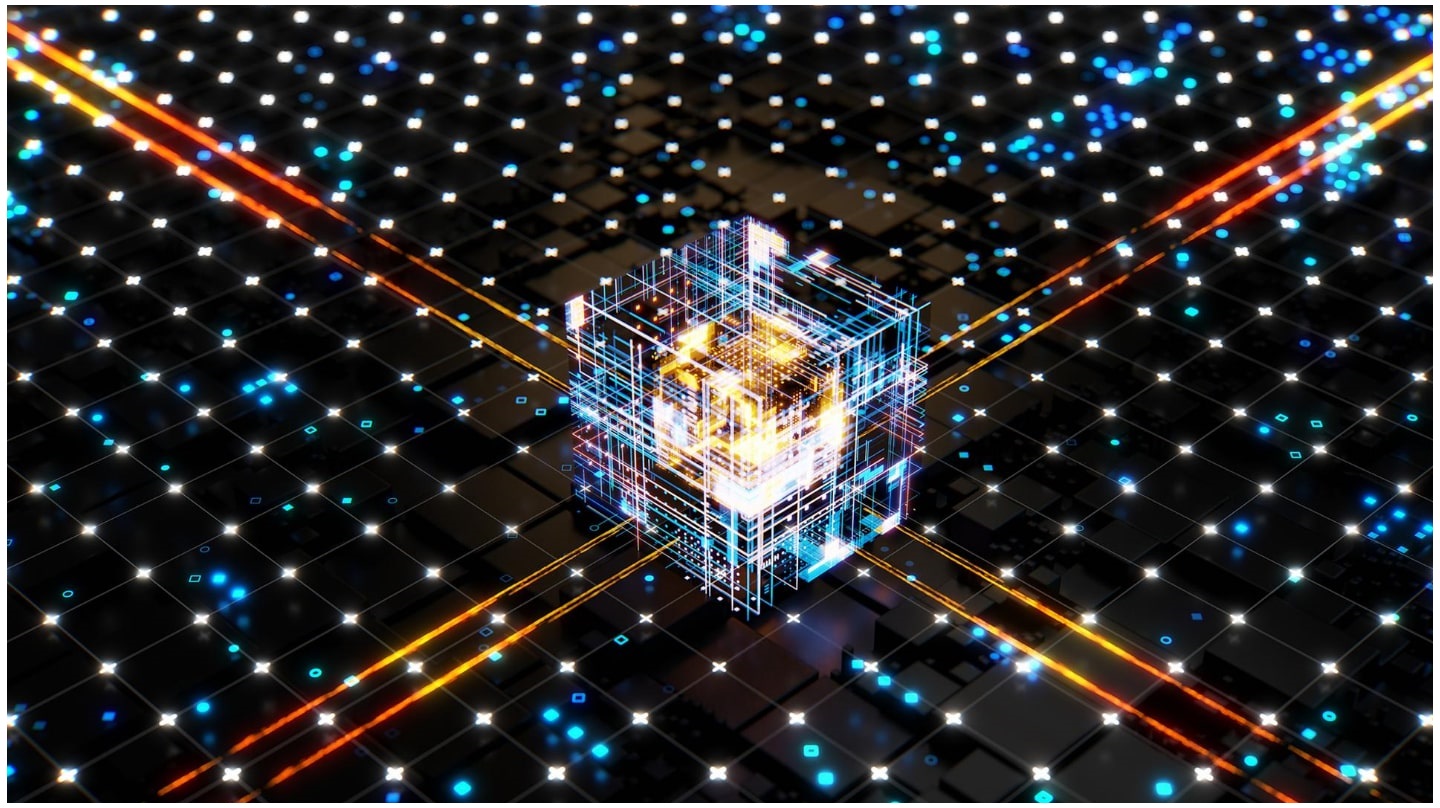 Rayons de lumière symbolisant un processeur d'ordinateur quantique