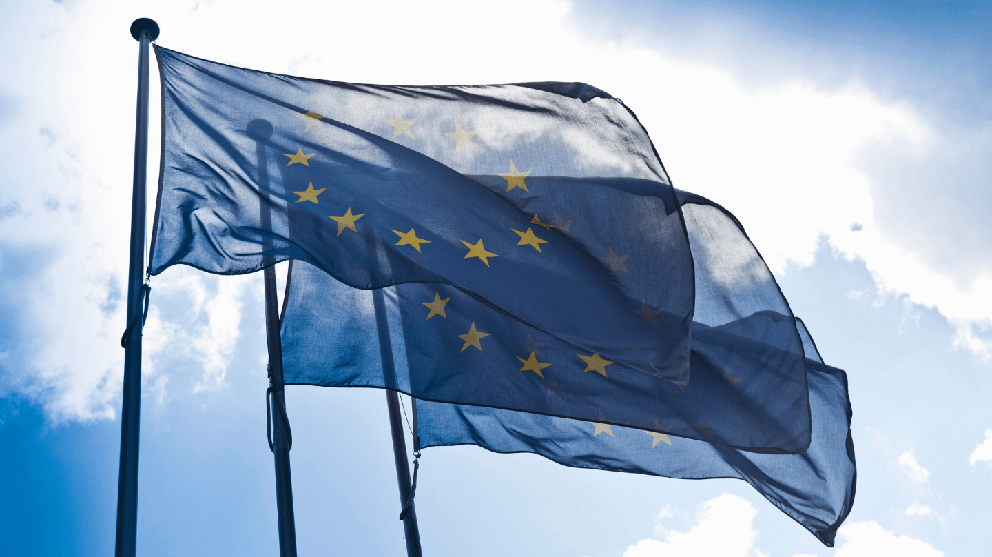 Des drapeaux européens volent au vent.