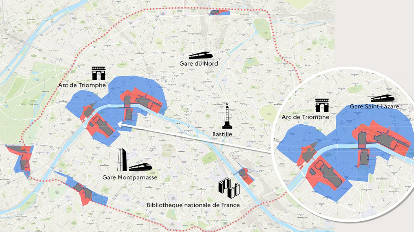 Une carte de Paris montrant les périmètres de sécurtié des JOP 2024 en bleu et rouge.