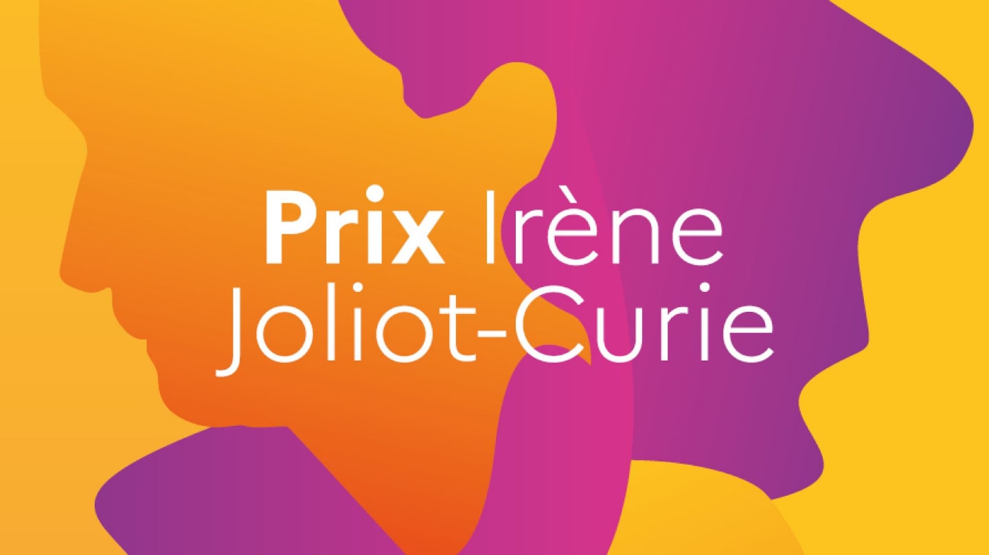 Le visuel du prix Irène Joliot-Curie avec des visages stylisés dans les tons de mauve et orangé.