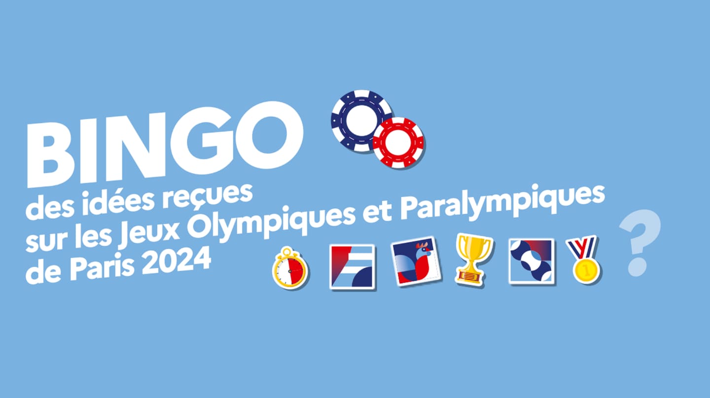 Un fond bleu clair avec les mots « Bingo des idées reçues sur les Jeux olympiques et paralympiques de Paris 2024 » écrits en blanc et des pictogrammes représentant une coupe, une médaille et d'autres éléments divers en référence aux Jeux olympiques.
