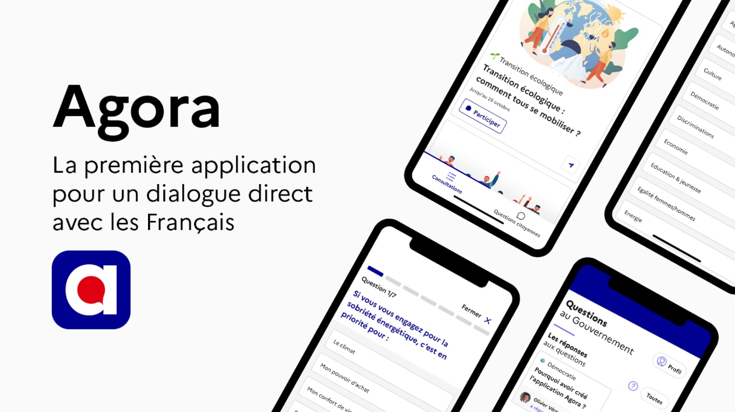 Visuel montrant l'application Agora et le slogan « La première application pour un dialogue direct avec les Français ».