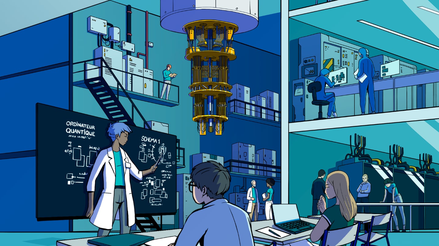 Une représentation stylisée d'un scientifique devant un tableau noir parlant d'ordinateur quantique dans un laboratoire.
