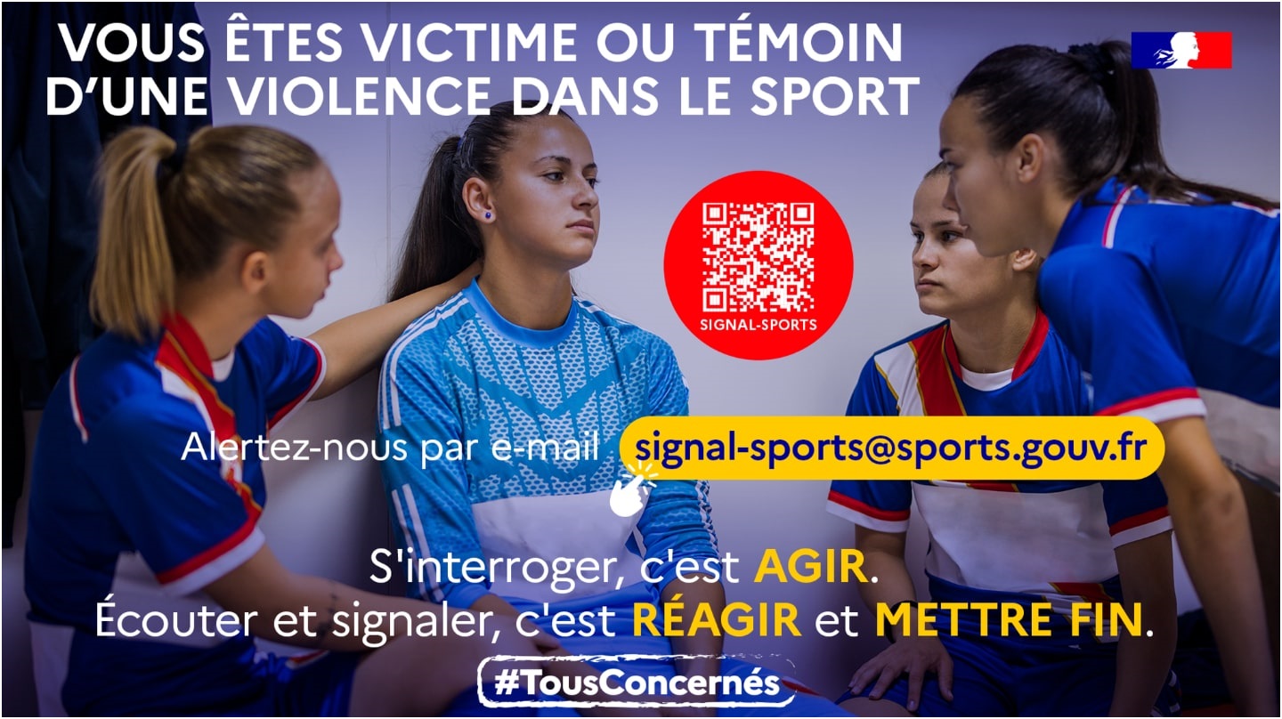 Trois jeunes filles en tenue de sport encadrent une quatrième et semblent la réconforter. La messagerie signalsports@sports.gouv.fr est indiquée.