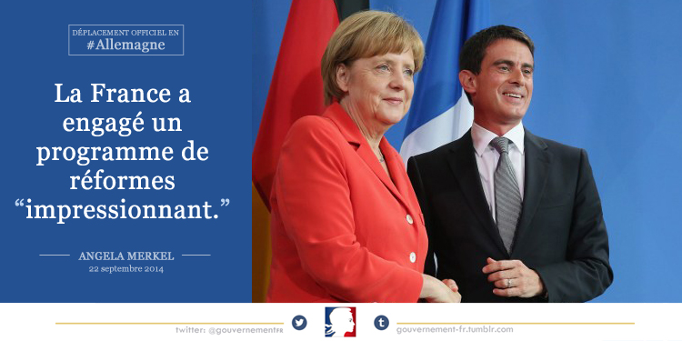 Déplacement officiel en #Allemagne. La France a engagé un programme de réformes "impressionnant". Angela Merkel, 22 septembre 2014