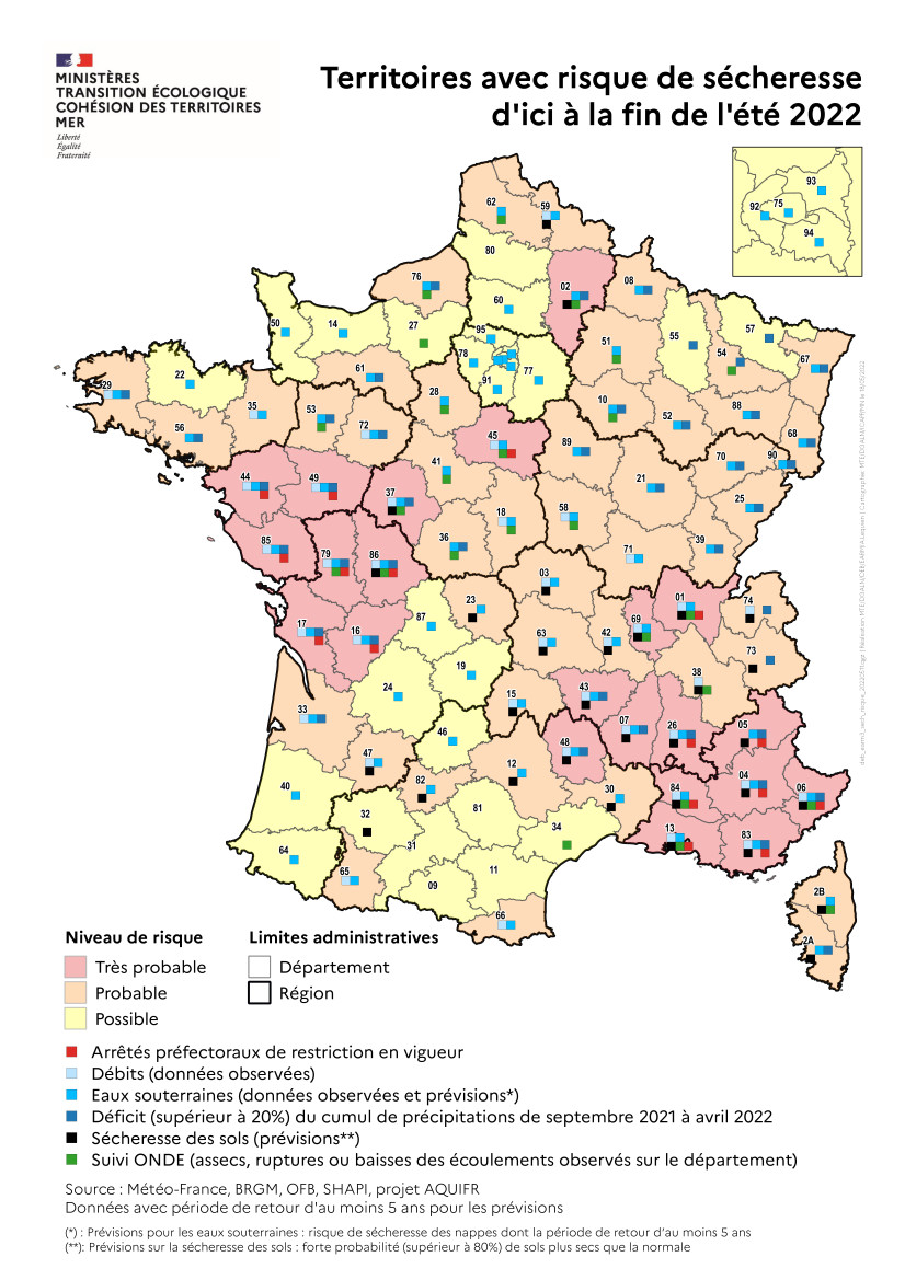 Carte de France des territoires exposés aux risques de sécheresse cet été 2022