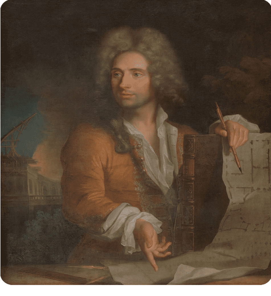 École française Portrait en buste d’Alexandre Le Blond, vers 1710. L’architecte est à sa table de travail devant les plans d’un bâtiment. Paris, collection particulière. 