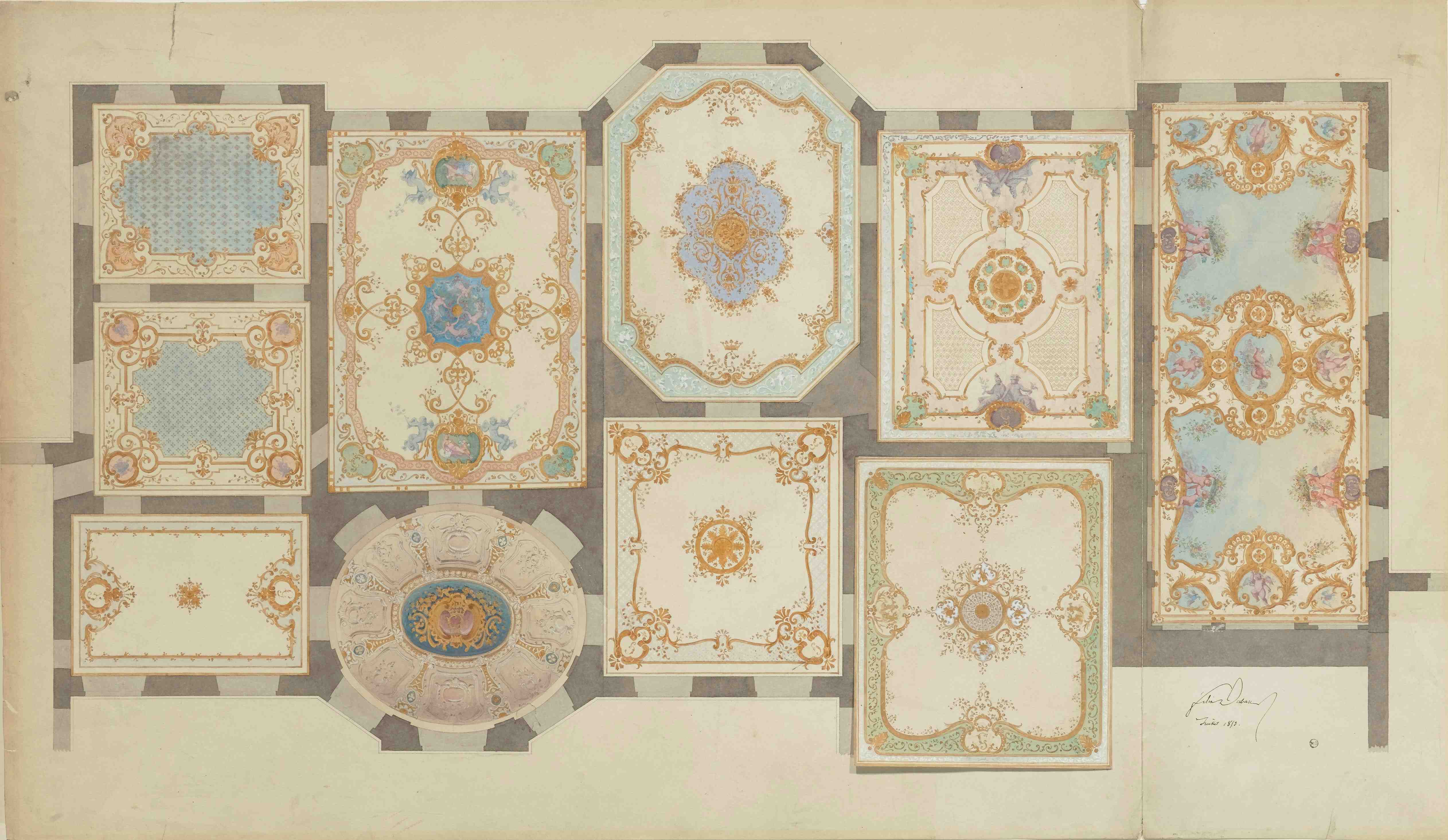 Félix
Duban, Hôtel Galliera, projets de
plafonds pour les pièces du rez-de-chaussée, 1853, crayon, aquarelle,
gouache et rehauts d'or sur papier.