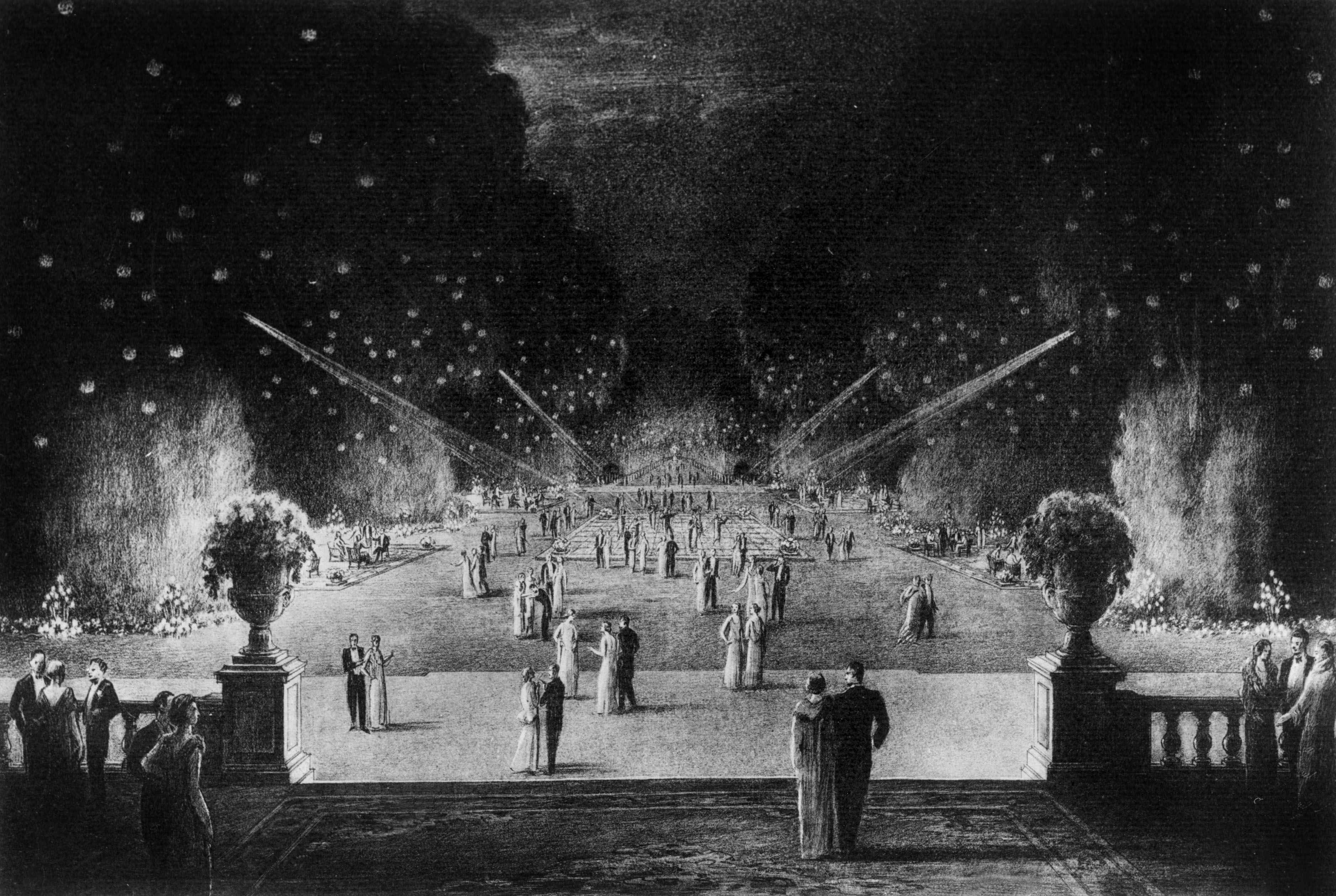 Un
soir de réception dans les jardins de l’ambassade d’Autriche-Hongrie.
Dessin au crayon, vers 1920.