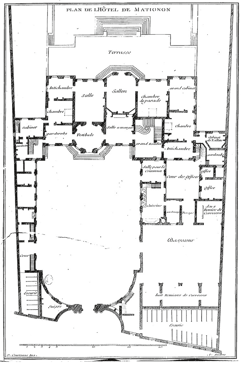 Jacques-François Blondel, Architecture française, Paris, 1752, Tome 1, planche 28 : Plan du rez-de-chaussée de l’hôtel de Matignon.